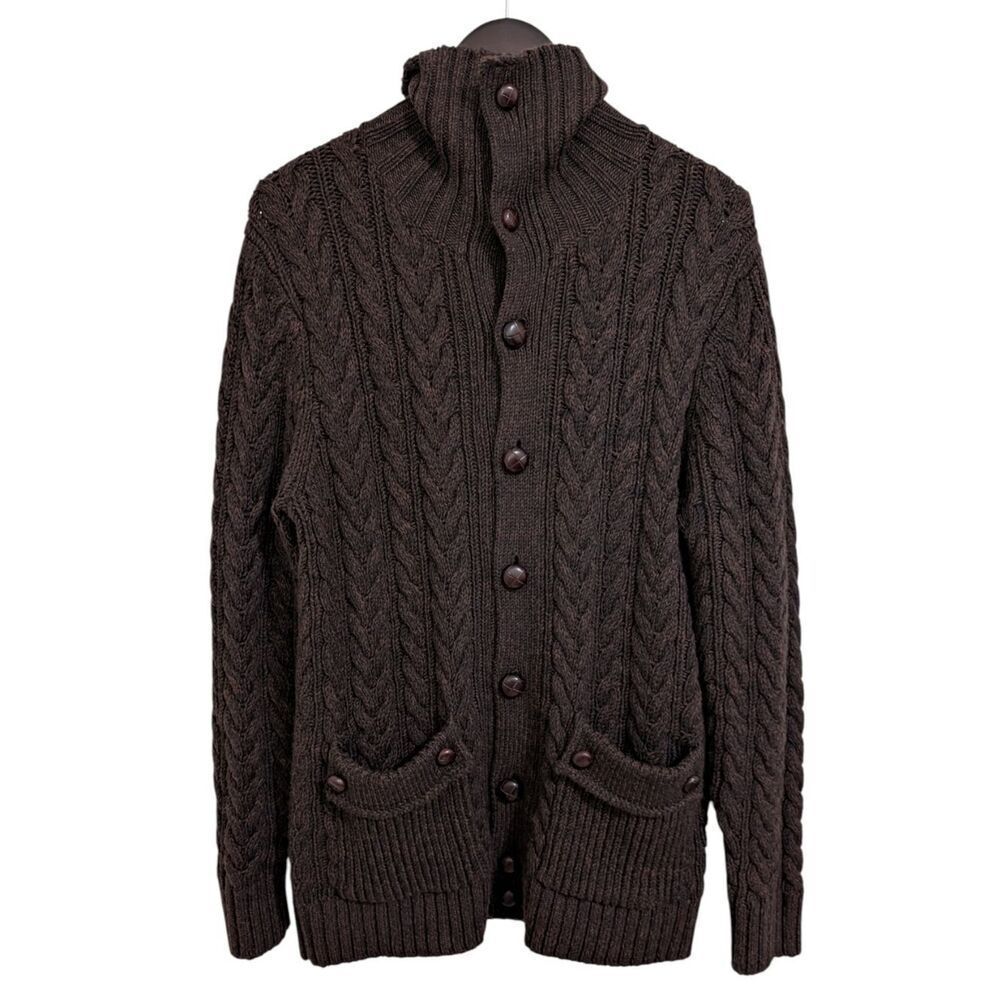 Mr. Turk Men's Brown 100% Merino Wool Cable Knit Cardigan - Medium